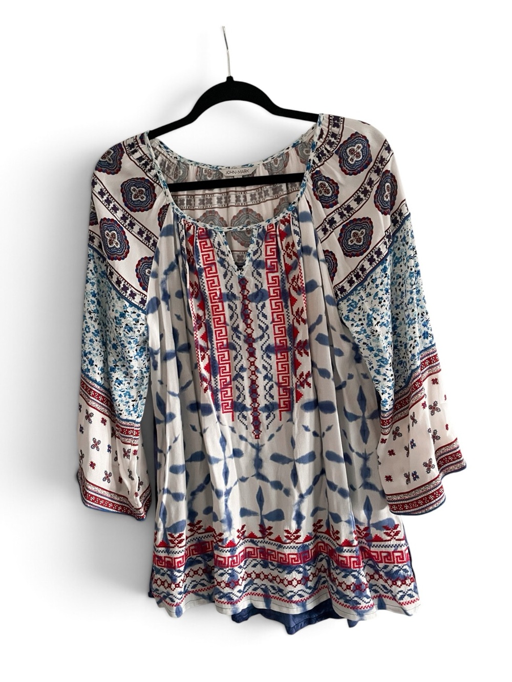 John Mark Cream Tunic with Blue & Red Embroidery